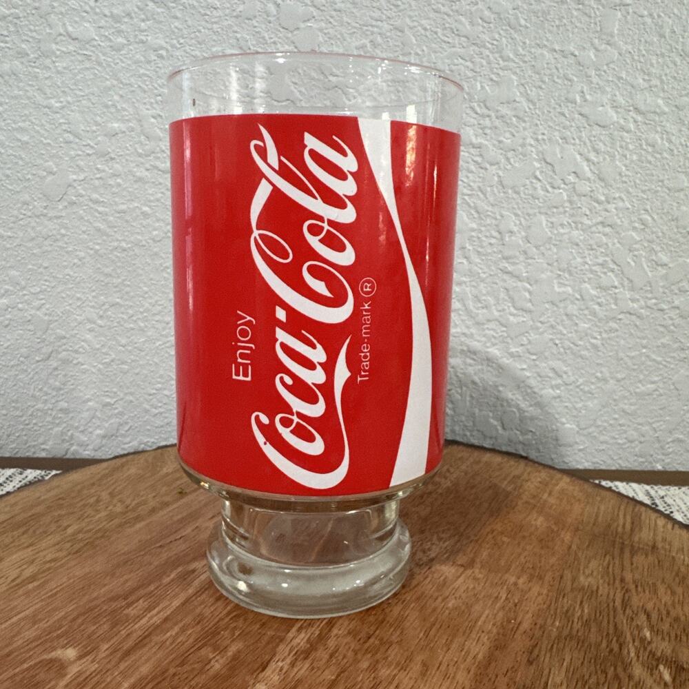 VTG COCA COLA ENJOY COKE Large Pedestal Glass Tumbler Red White Clear Drinking